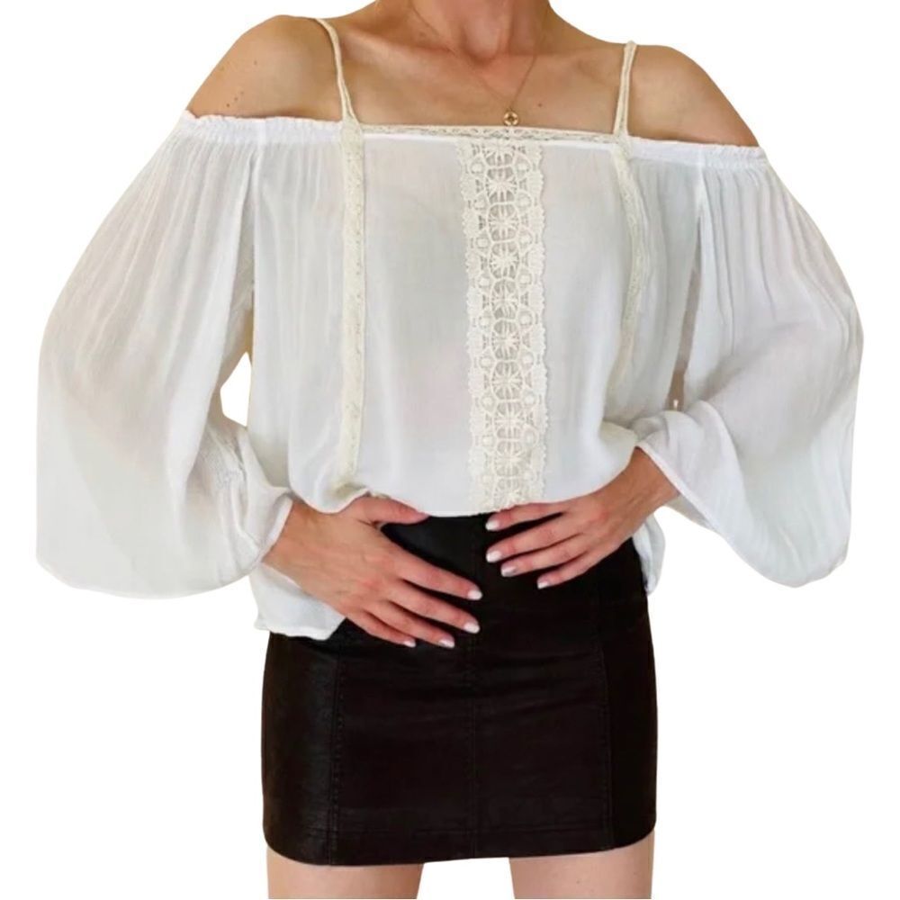 Rewind Cold Shoulder Crochet Front White Blouse • Medium